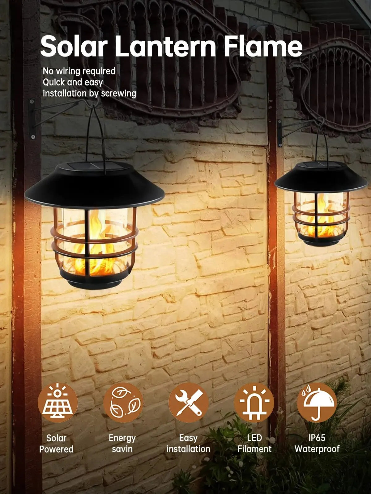 1pcs Solar Hanging Lantern Outdoor Flickering Flames Waterproof Heavy Glass Stainless Solar Outdoor Light for Wall Fence Patio P