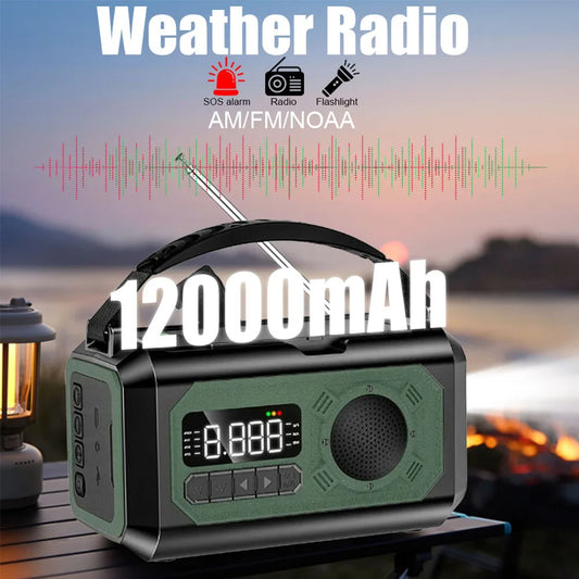 12000mAh AM/FM/NOAA Weather Radio with 2 Solar Panels Solar Hand Crank Portable Emergency Radio Reading Lamp for Outdoor Camping