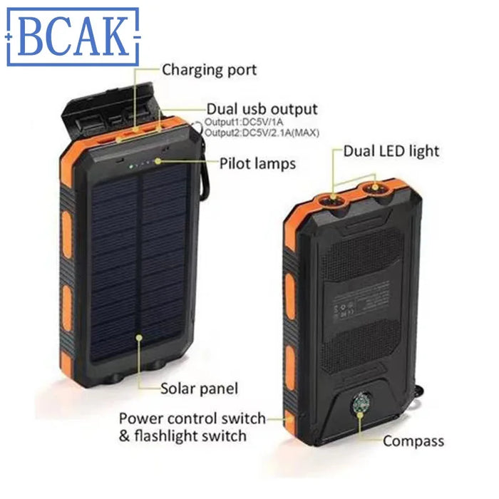 Hot New Style 200000mAh  Large Capacity Solar Power Bank New Portable With Lanyard Compass External Battery Outdoor Camping Char