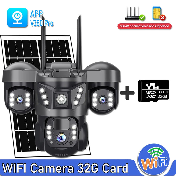 Solar WIFI IP Camera with Battery 15MP Three Lens Three Screen Monitor Night Vision Security Protection PTZ Video Surveillance