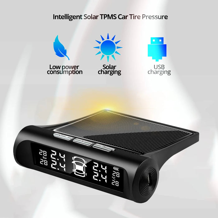 Solar Power Car Tire Pressure Alarm Digital Display Auto Smart Tpms Tire Pressure Monitor System Temperature Warning with Sensor