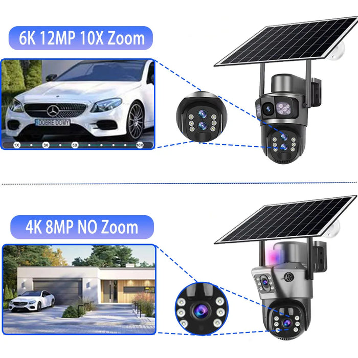 Solar Camera 4G Sim Three Screens 10X Zoom 6K 12MP Outdoor Surveillance Tracking Wireless Security Cameras Cctv Solar Power Cam