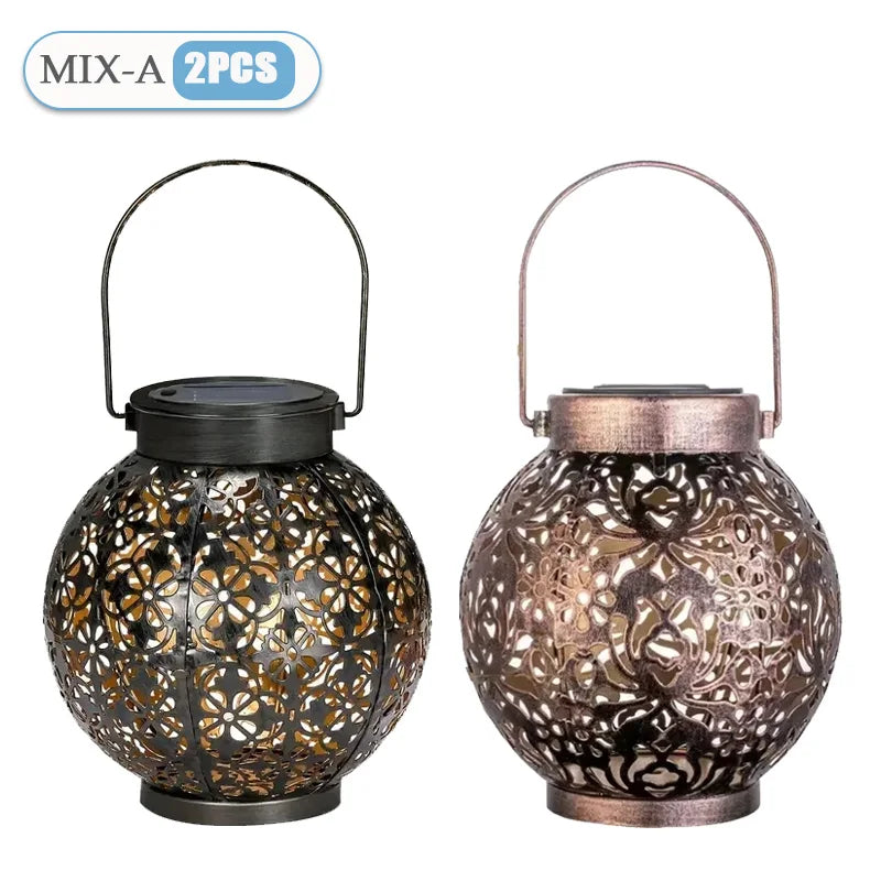 Solar Garden Light Outdoor Garden Decoration Solar Lights Metal Waterproof Round Lantern Lights Hanging Hollow Projection Lights