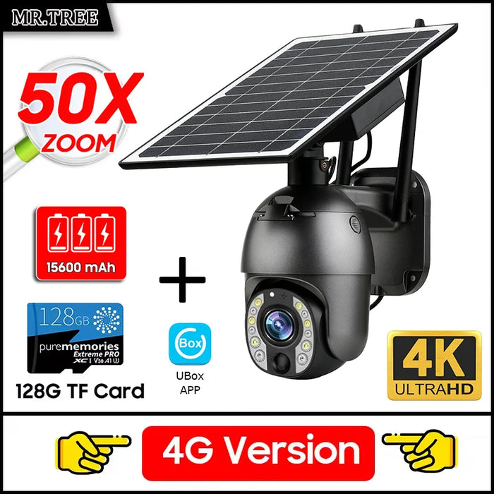 Home Outdoor Surveillance Solar Camera 4G SIM 50X Optical Zoom 4K Wifi Security Protection Cam Human Detection CCTV IP Cameras
