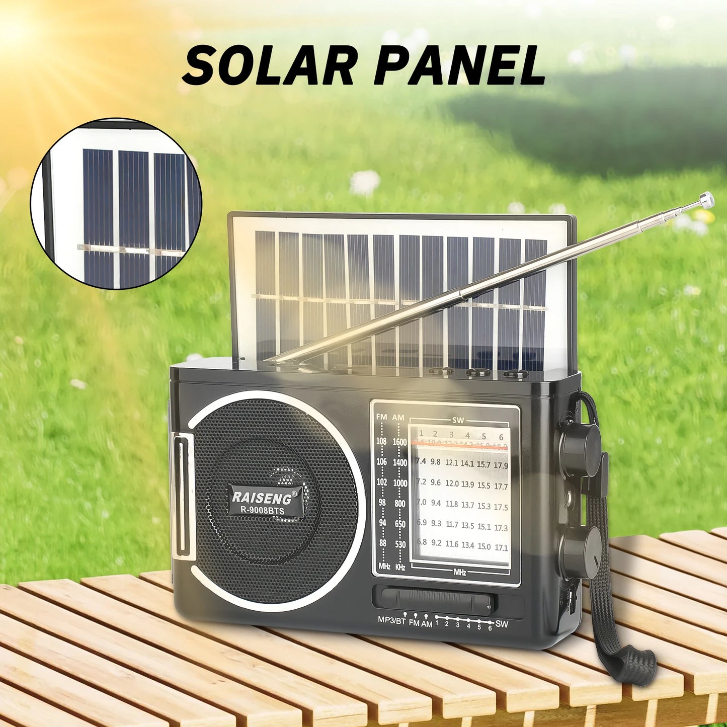 9008BTS classic solar radio, AM/FM speaker, USB/TF card interface, 3 charging methods, suitable for outdoor activities