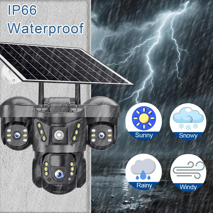 Solar Power 4G Camera With Europe Sim Card Triple Lens Three Screens Outdoor Waterproof Battery CCTV Security V380 Video Camaras