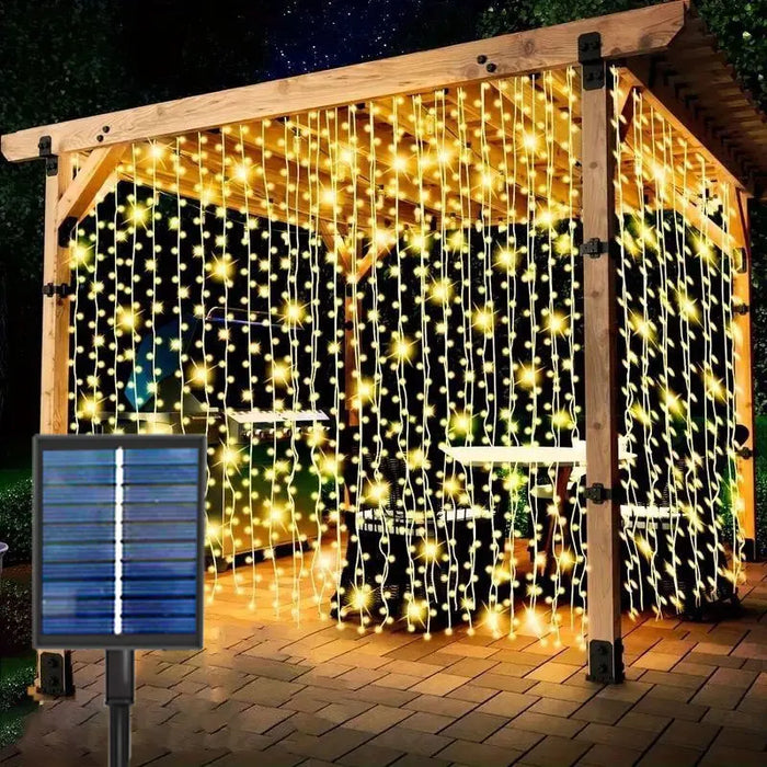 Christmas LED Solar Courtyard Curtain Lights Outdoor Waterproof Fairy String Lights with 8 Modes Garden Window Bedroom Wedding