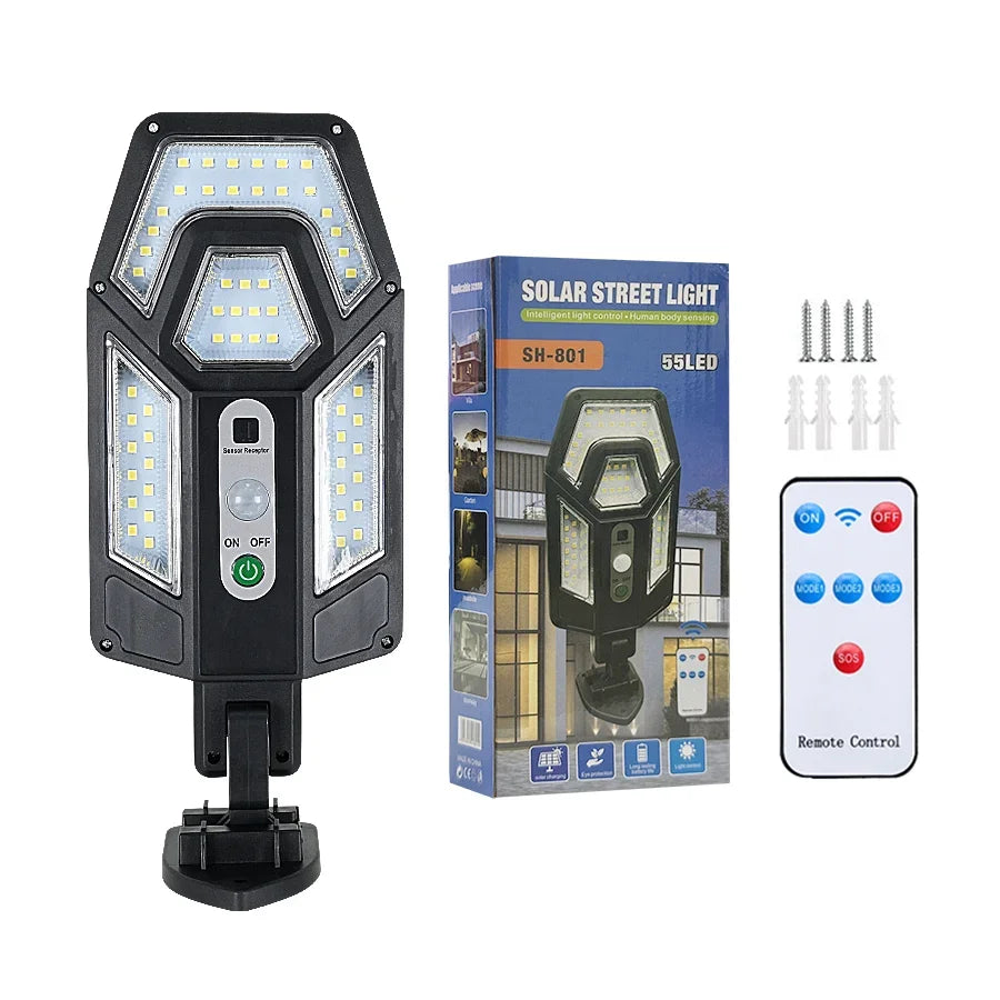 LED Solar Street Light Outdoor Waterproof Motion Sensor Remote Control Lights 3 Mode Courtyard Porch Decorative Wall Lamp