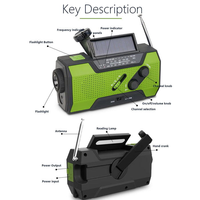 Emergency Weather Radio,Outdoor Portable Hand Crank Radio Solar Powered,AM/FM, SOS Alarm,LED Reading Lamp,Flashlight,Power Bank
