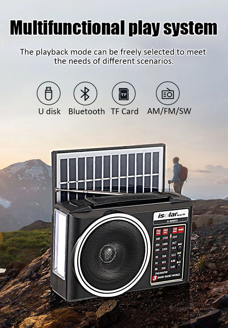 1pc Portable FM/AM/SW Radio Solar Charging Multi Band Emergency Radios Receiver Powerful Bluetooth Speaker with Flashlight USB