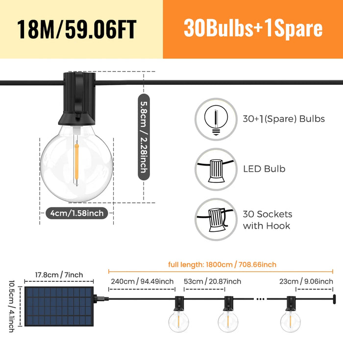 Solar String Lights Outdoor G40 Patio Lights, USB Recharger, 8 Light Modes, Shatterproof Bulbs , Weatherproof Hanging Light