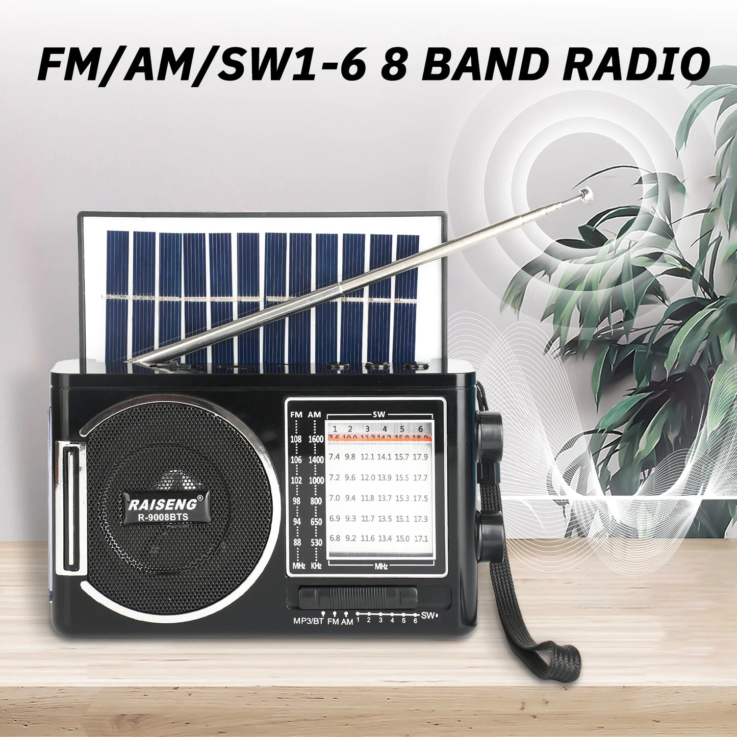 9008BTS classic solar radio, AM/FM speaker, USB/TF card interface, 3 charging methods, suitable for outdoor activities