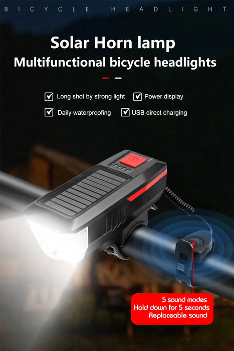 Solar Bicycle Light USB Rechargeable Power Display MTB Mountain Road Bike Front Lamp with Horn Flashlight Bicycle Light