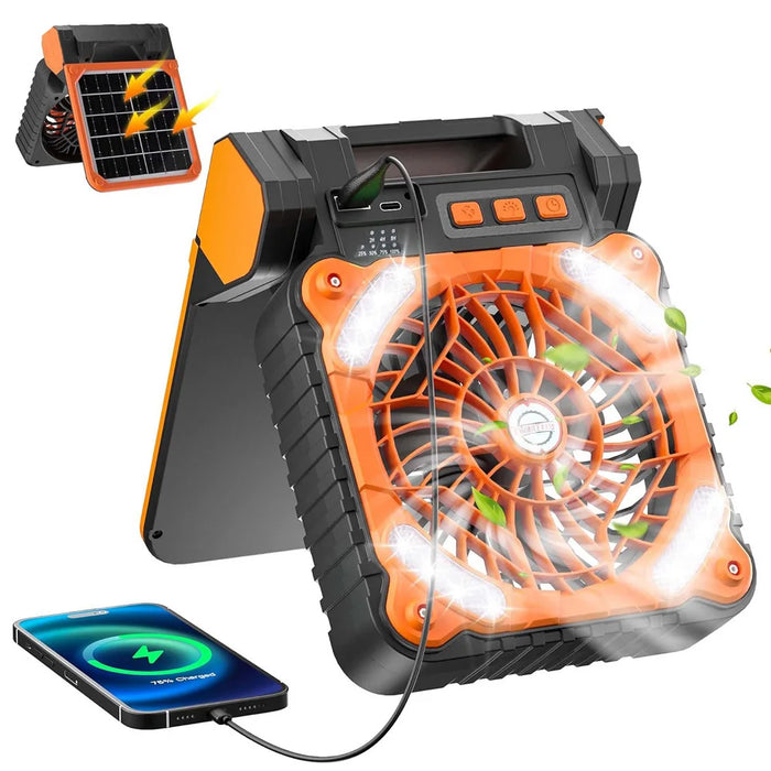 10000mAh Solar Powered Portable Camping LED Lantern With Fan 4 Speeds Powerful Wind Rechargeable Battery Operated 90° Folding