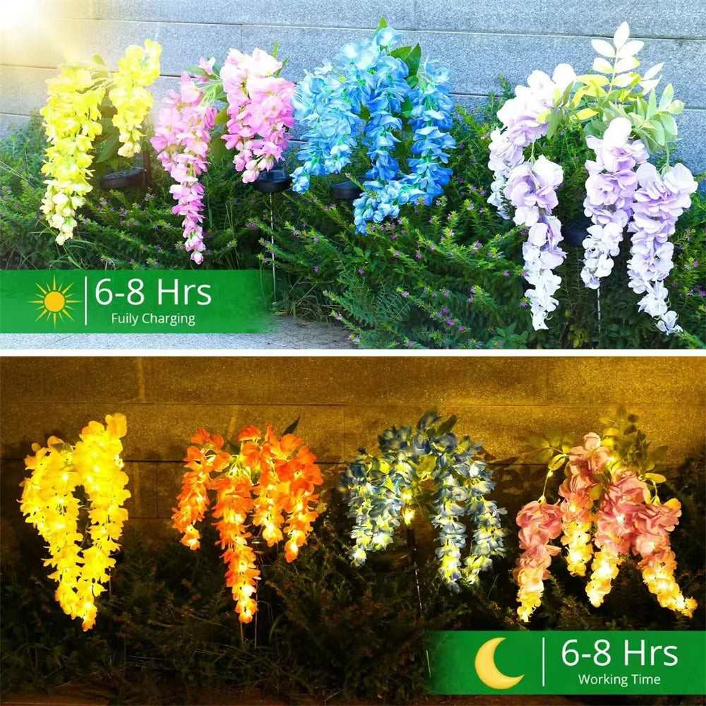 Solar Flowers Light Outdoor Garden Realistic Wisteria Floral Waterproof Artificial Flowers Solar Stake Lights for Patio Backyard