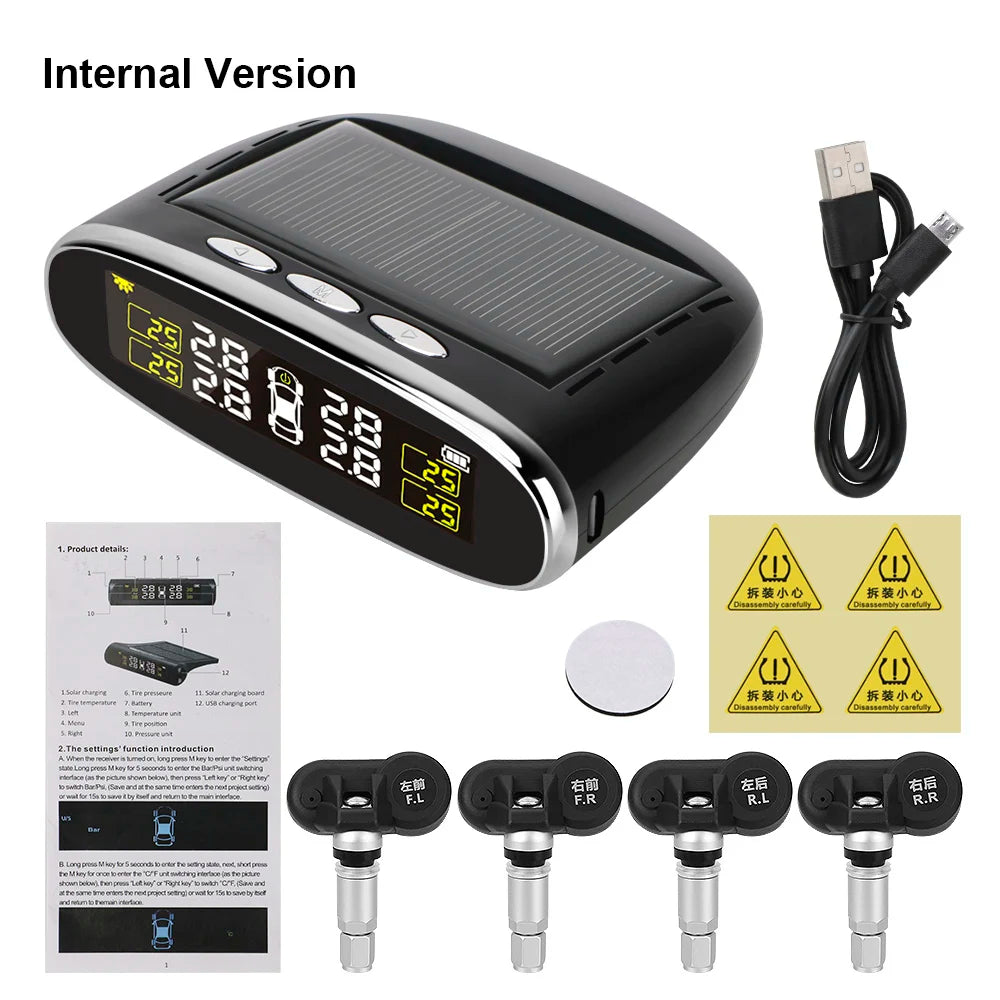 Car Tire Pressure Alarm Monitor System Solar Power TPMS Temperature Alert LCD Display With 4 Internal/External Sensor