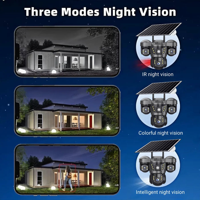 Solar WIFI IP Camera with Battery 15MP Three Lens Three Screen Monitor Night Vision Security Protection PTZ Video Surveillance