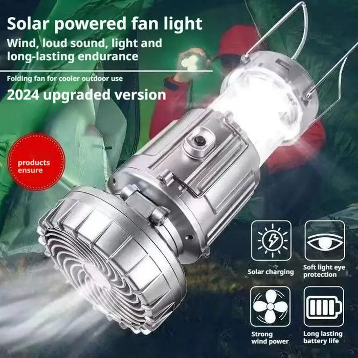 Solar Portable Camping Lantern with Electric Fan 1500mAh LED Solar Power Rechargeable Hanging Tent Lamp for Outdoor Emergency