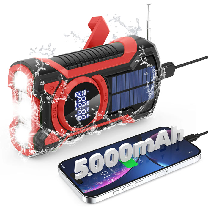 Emergency Radio Hand Crank Solar 5000mAh, IP65 Waterproof Dustproof Bluetooth 5.3 Portable AM/FM/NOAA Weather Alert Radio，red