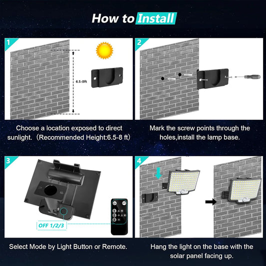 Solar Flood Lights Outdoor 122 LED Solar Motion Lights Remote Solar Security Lights Wall Lights Waterproof 3 Modes Garden