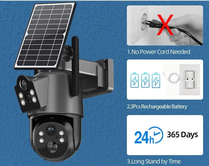 4K 8MP Wireless Solar PTZ Camera Dual Lens Color Night Vision Wifi CCTV Security Camera Built in Battery PIR Detection IP Cam