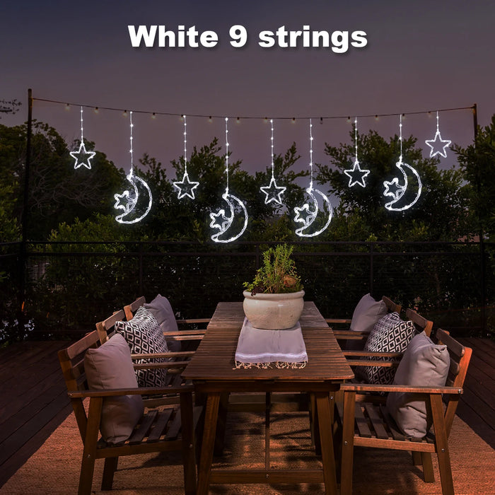 LED Decor Light Solar Moon Star Lights String Light Outdoor Waterproof Solar Powered Curtain Lights with 8 Modes Ramadan Hanging