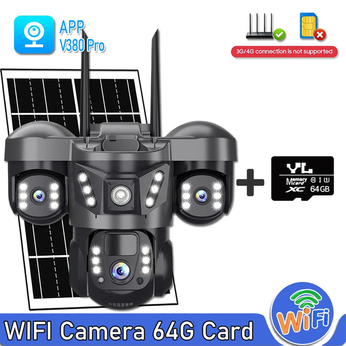 Solar WIFI IP Camera with Battery 15MP Three Lens Three Screen Monitor Night Vision Security Protection PTZ Video Surveillance