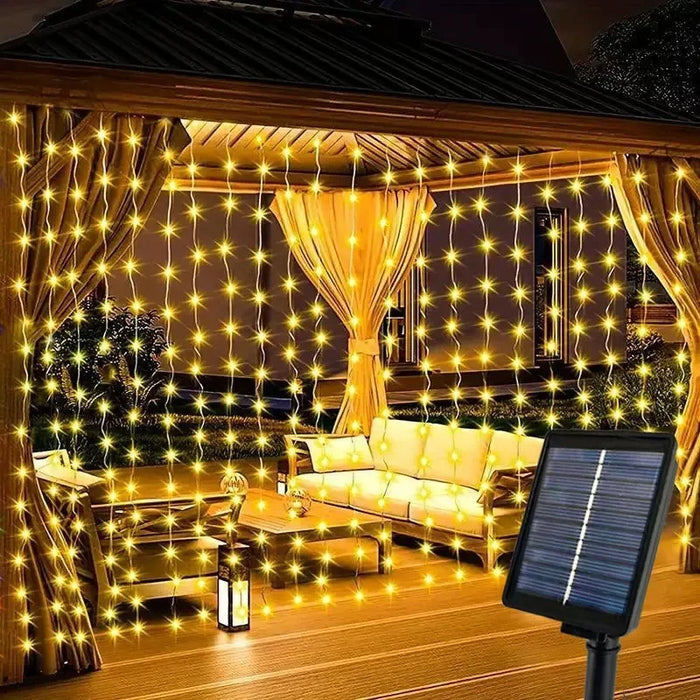 Christmas LED Solar Courtyard Curtain Lights Outdoor Waterproof Fairy String Lights with 8 Modes Garden Window Bedroom Wedding