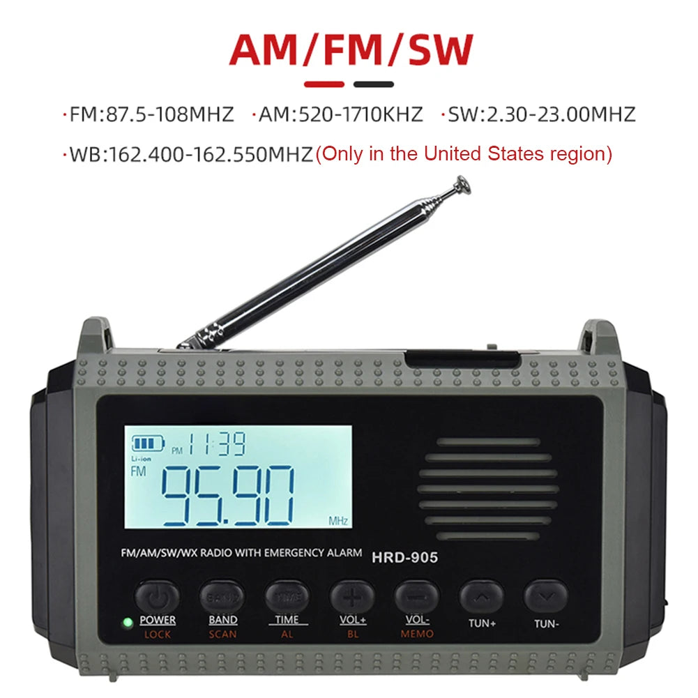 10000MAh Portable Emergency Solar Power Radio Hand Crank AM FM SW NOAA Weather Radio Led Reading Flashlight Phone Power Bank