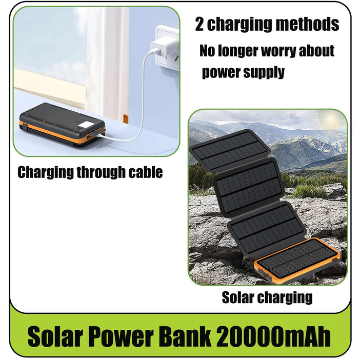Folding solar panel power bank 20000, supports fast charging, sufficient capacity, LED emergency light suitable for travel