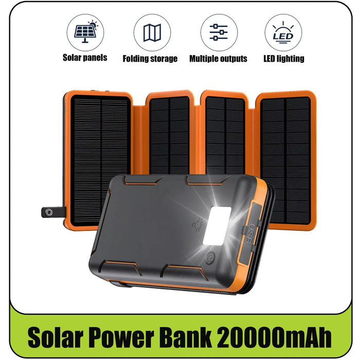 Folding solar panel power bank 20000, supports fast charging, sufficient capacity, LED emergency light suitable for travel