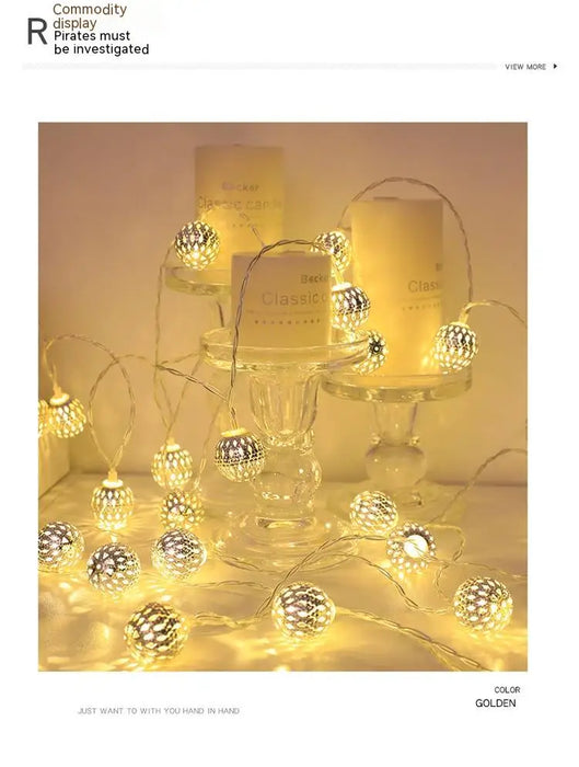 Solar LED String Lights Outdoor Iron Art Moroccan Ball Led String Lamp Gold Ball Silver Iron Round Ball