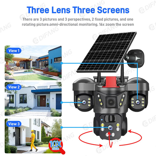 Wireless WiFi Solar Camera Three Lens Three Screen 4G Sim Card Solar Cam Human Detection Outdoor Solar Surveillance V380