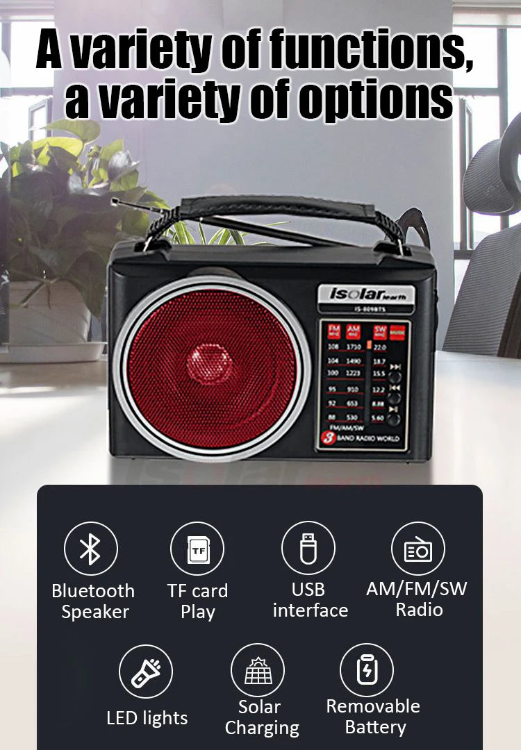 1pc Portable FM/AM/SW Radio Solar Charging Multi Band Emergency Radios Receiver Powerful Bluetooth Speaker with Flashlight USB