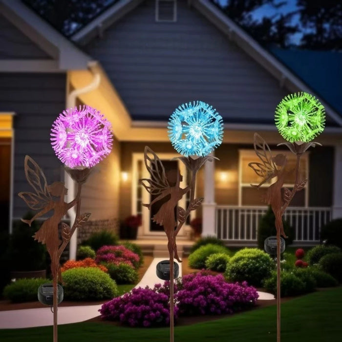 Solar Flower Dancing Dandelion Fairy Garden Sculptures Light Garden Ornaments Art Decorations for Outdoor Yard Lawn Patio