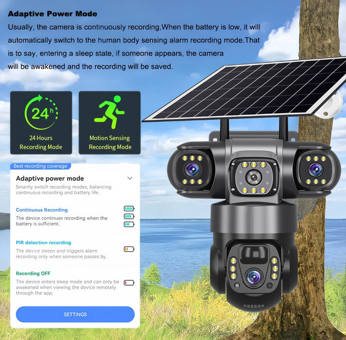 4G Solar Camera Outdoor Triple Lens Triple Screen 6K 12MP Auto Tracking IP Camera CCTV Audio Video PTZ Surveillance WIFI Camera