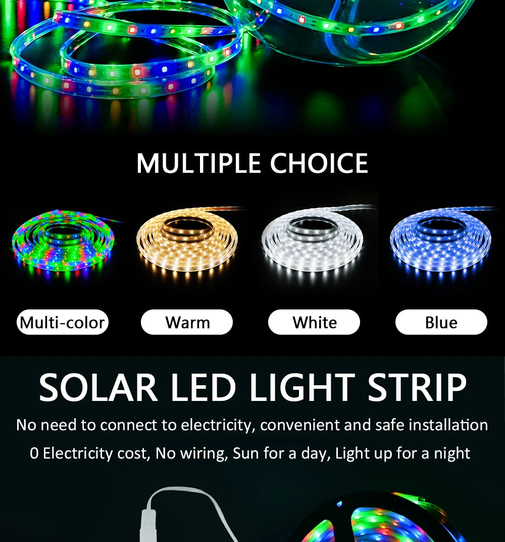 Solar LED Strip Light 8 Modes Fairy Lights Atmosphere IP67 Waterproof 5M 10M Wall Decoration Solar Lamp Christmas Colorful