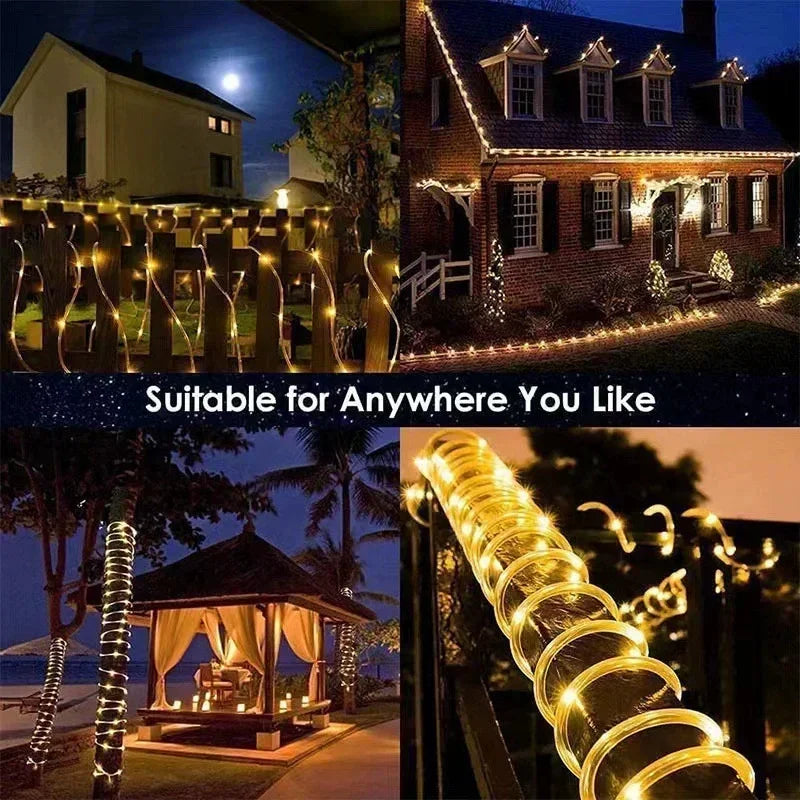 Solar Outdoor Fairy Lights LED Festoon Tube Rope String Light Summer Garden Fence Wedding Party Balcony Decoration Solar Garland
