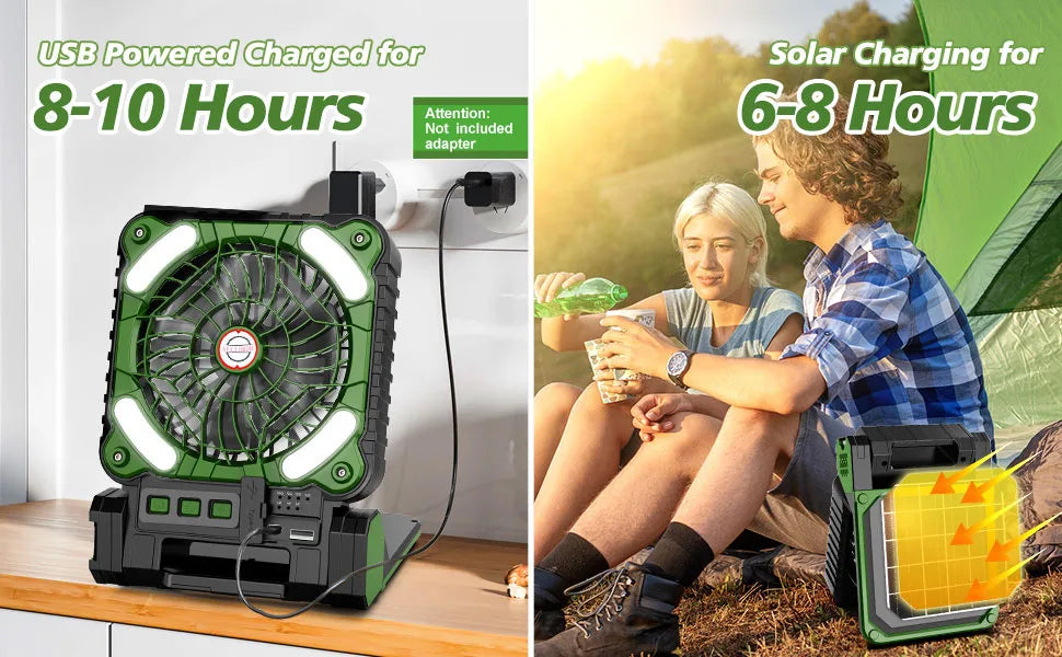 10000mAh Solar Powered Portable Camping LED Lantern With Fan 4 Speeds Powerful Wind Rechargeable Battery Operated 90° Folding
