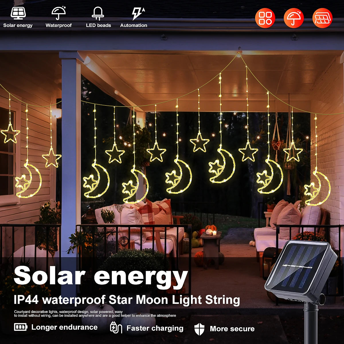 LED Decor Light Solar Moon Star Lights String Light Outdoor Waterproof Solar Powered Curtain Lights with 8 Modes Ramadan Hanging