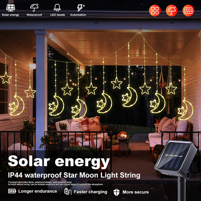 LED Decor Light Solar Moon Star Lights String Light Outdoor Waterproof Solar Powered Curtain Lights with 8 Modes Ramadan Hanging