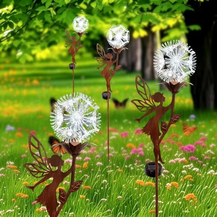 Solar Flower Dancing Dandelion Fairy Garden Sculptures Light Garden Ornaments Art Decorations for Outdoor Yard Lawn Patio