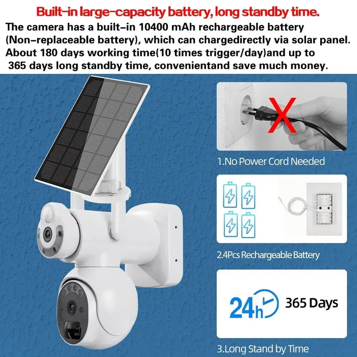 Solar Wireless PTZ Security Camera Auto Traking Outdoor 4K HD Wifi Battery CCTV Video Surveillance Camera Color Night Vision 8MP