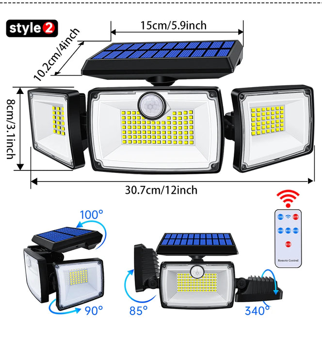 Security Solar Lights Outdoor 167 LED Adjustable 3 Heads with 3 Modes Wireless Motion Sensor Super Waterproof  Spot Flood Lights