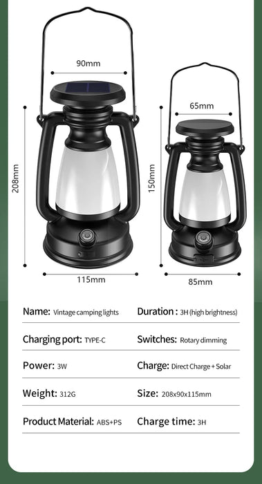 USB Rechargeable/Solar Charging Camping Light Portable Camping Lanterns 3 Lighting Modes Dimming Outdoor Hanging Tent Light