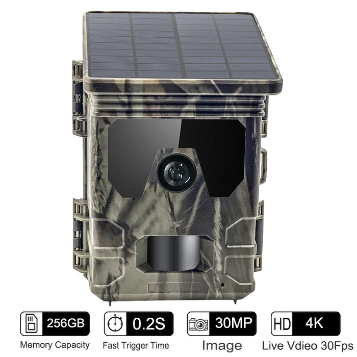 Solar Charging Hunting Camera, Outdoor Game Cam, Night Vision, 120 ° Detection, Wildlife Recording, 2K, 30MP, 4G