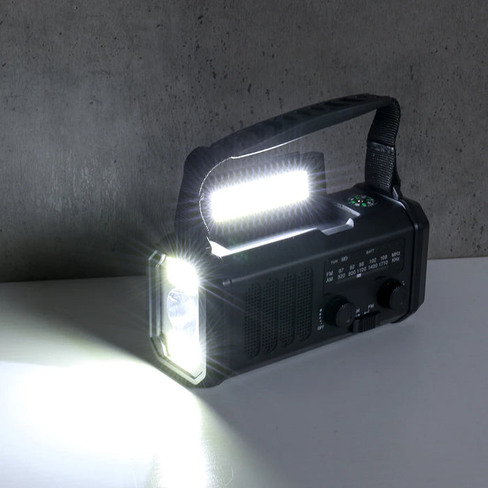 Solar Powered Emergency Power Bank with LED Flashlight Type-C Charging Hand Crank Radio Multifunctional Reading Lamp for Outdoor