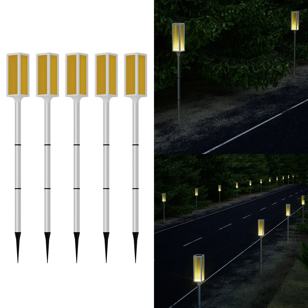 Solar powered bollard lights with multiple color and lighting mode options.，Suitable for driveways, gardens, and paths.