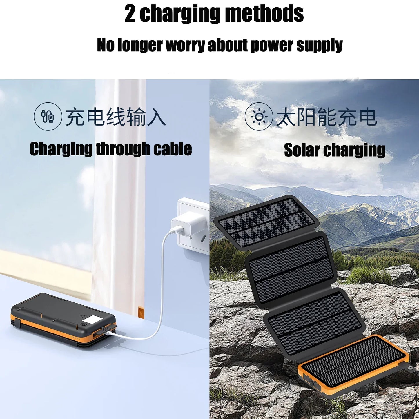 30000mAh Solar Power Bank Flip Panel Large Capacity iOS/Android USB fast charge dual charging solar/Type-C portable for camping
