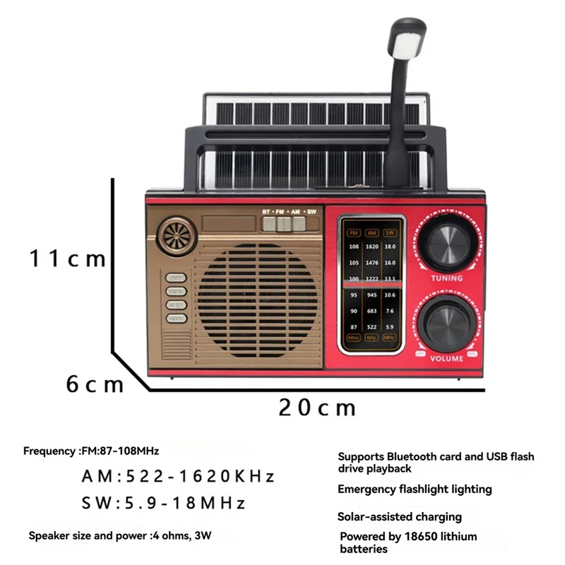 ABAC-Outdoor Emergency FM AM SW Radio Full Band Solar Radio High Sensitivity Receiver With LED BT Speaker